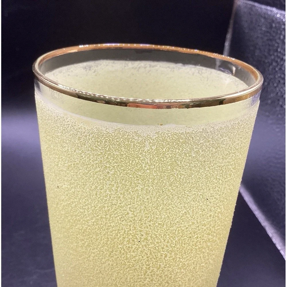 Set‎ Of 4 VTG Yellow Frosted Textured Highball Glasses W/ Gold Rim 5.5